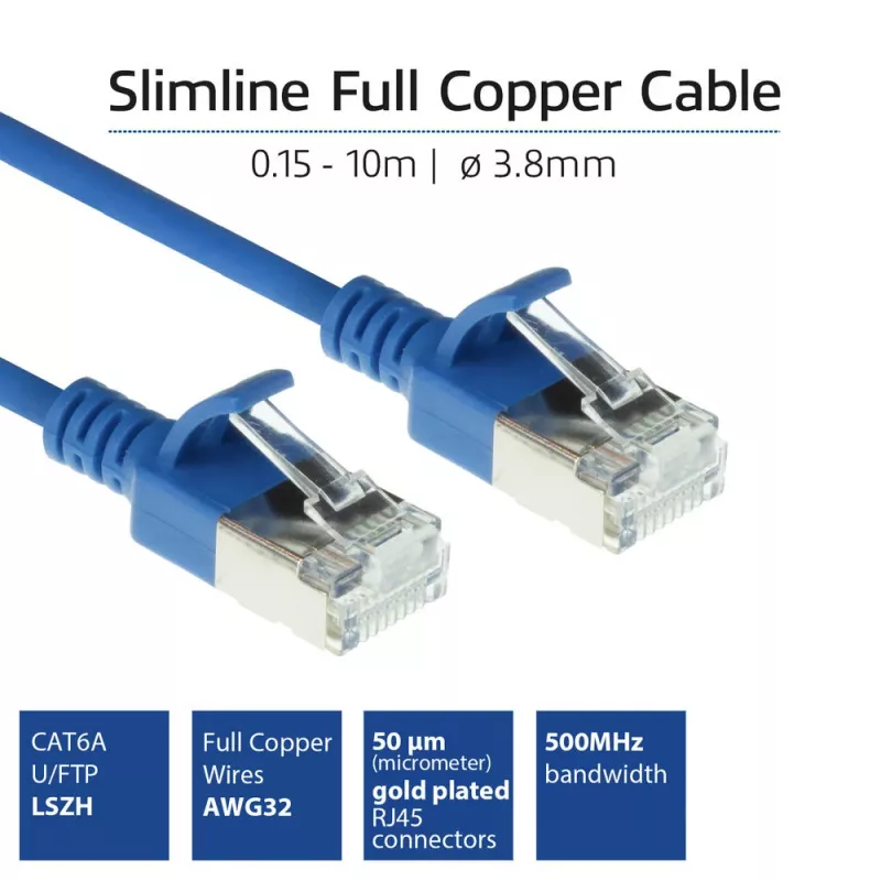 ACT sininen 10 metrin LSZH U/FTP CAT6A datakeskuksen Slimline-patchkaapeli lukituskynsi-RJ45-liittimillä