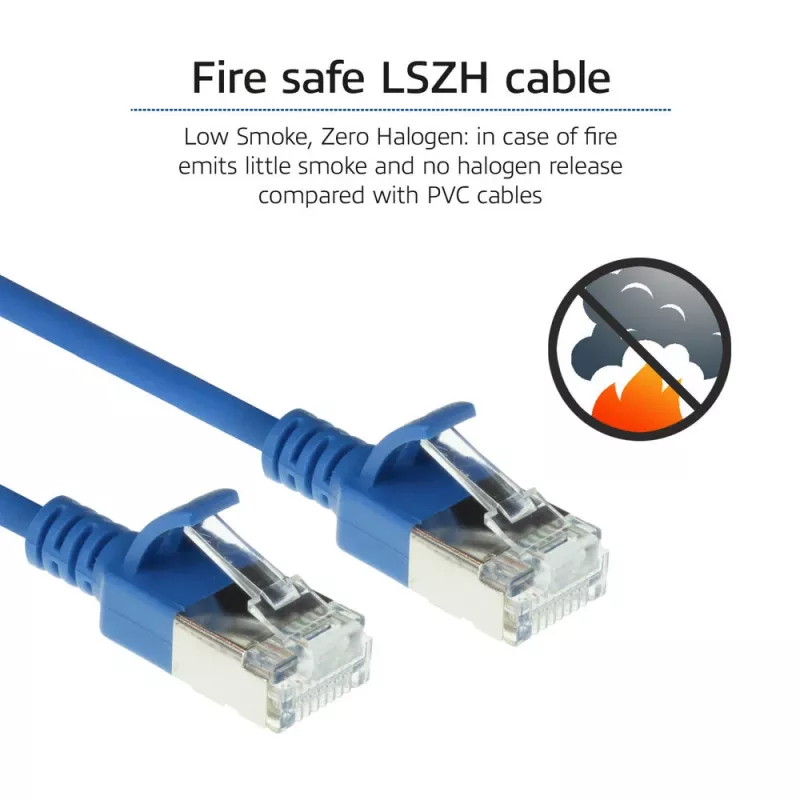 ACT sininen 10 metrin LSZH U/FTP CAT6A datakeskuksen Slimline-patchkaapeli lukituskynsi-RJ45-liittimillä