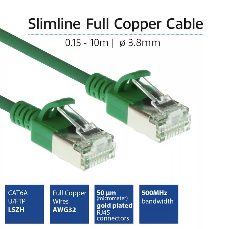 ACT vihreä 7 m LSZH U/FTP CAT6A datakeskuksen Slimline-patchkaapeli lukituskynsien suojalla ja RJ45-liittimillä