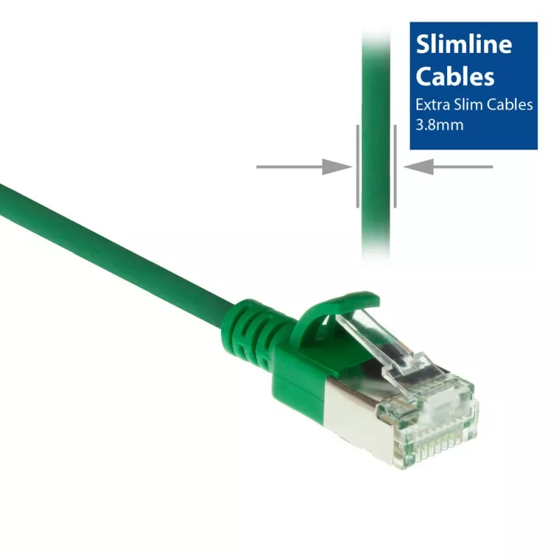 ACT vihreä 10 metrin LSZH U/FTP CAT6A datakeskuksen Slimline-patchkaapeli ilman lukituskynsiä RJ45-liittimillä