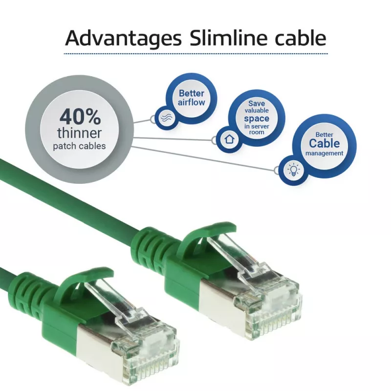ACT vihreä 10 metrin LSZH U/FTP CAT6A datakeskuksen Slimline-patchkaapeli ilman lukituskynsiä RJ45-liittimillä
