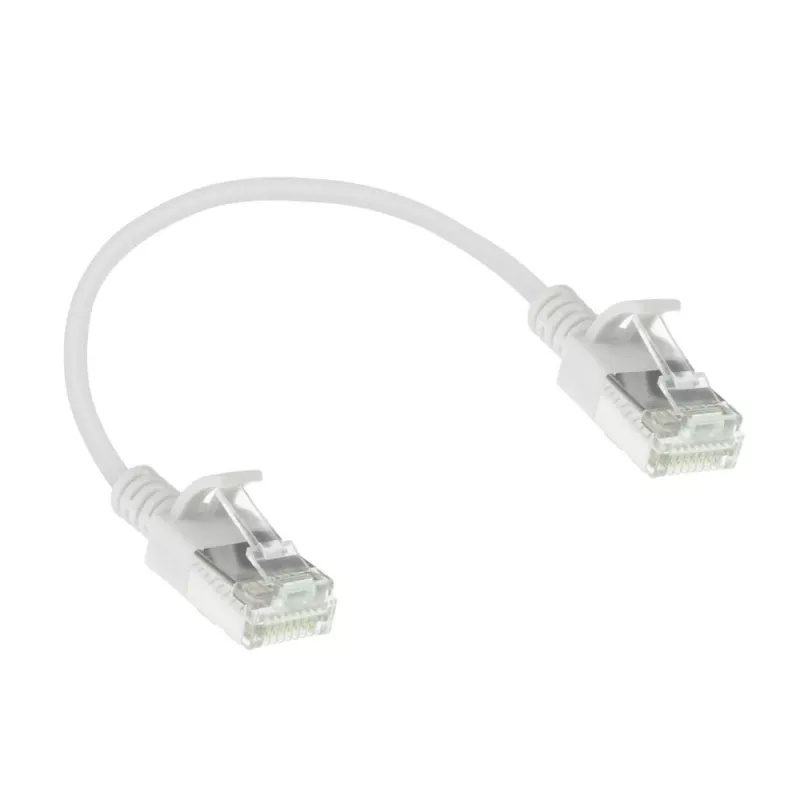 ACT valkoinen 0,15 metrin LSZH U/FTP CAT6A datakeskuksen Slimline-patchkaapeli ilman lukituskynsiä RJ45-liittimillä