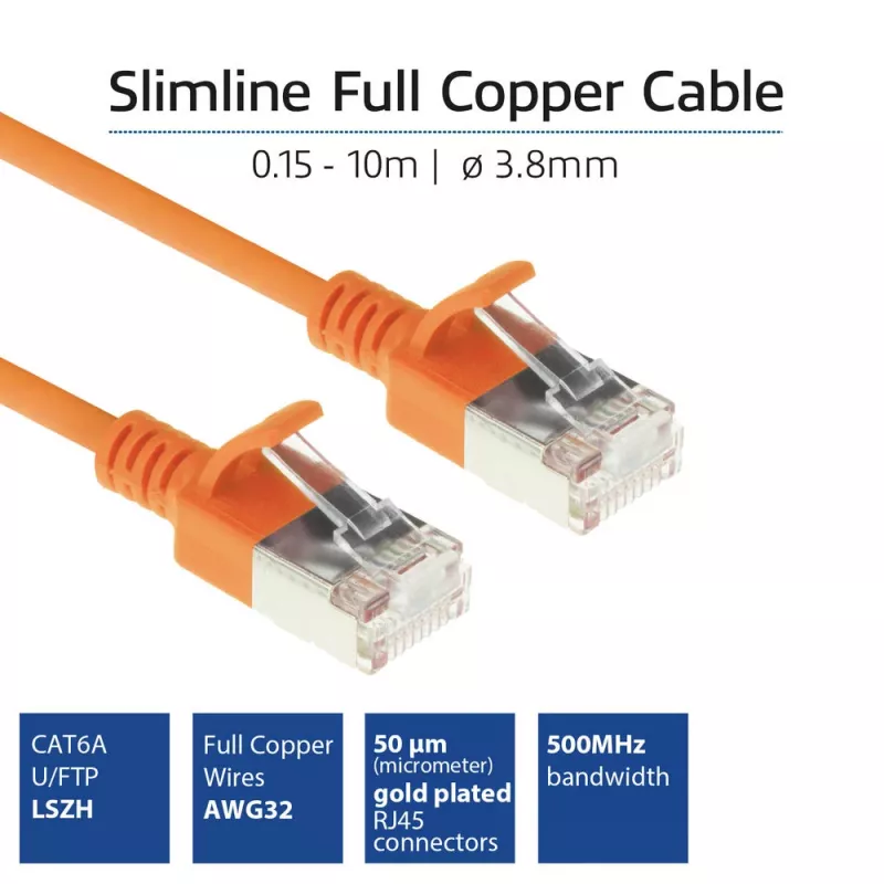 ACT oranssi 1 m LSZH U/FTP CAT6A datacenter-slimline-patchkaapeli, jossa on lukituskielekkeen suojaus ja RJ45-liittimet