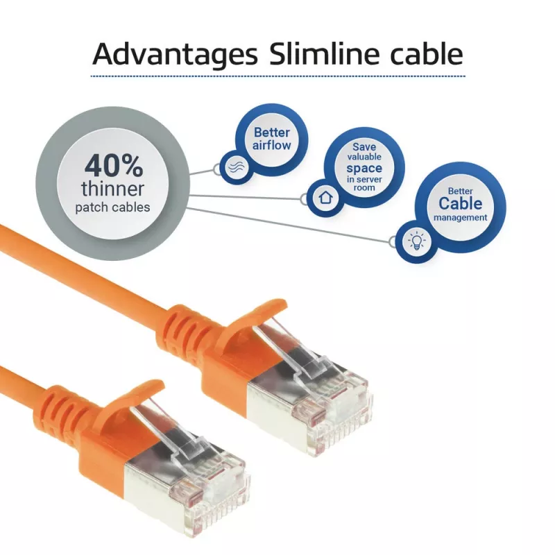 ACT oranssi 0,25 m LSZH U/FTP CAT6A datacenter-slimline-patchkaapeli, rastnasenfrei, RJ45-liittimillä