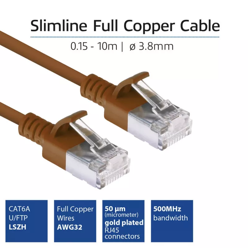 ACT ruskea 3 m LSZH U/FTP CAT6A datacenter-slimline-patchkaapeli, RJ45-liittimillä