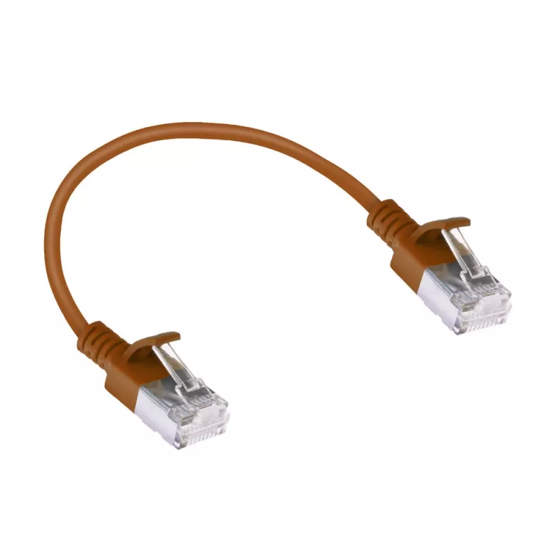 ACT ruskea 0,25 m LSZH U/FTP CAT6A datacenter-slimline-patchkaapeli, RJ45-liittimillä ja lukituskielekkeen suojauksella