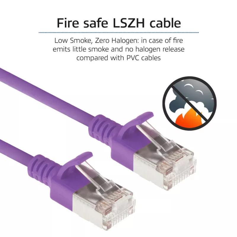 ACT violetti 2 m LSZH U/FTP CAT6A datacenter-slimline-patchkaapeli, lukituskieleke ja RJ45-liittimet