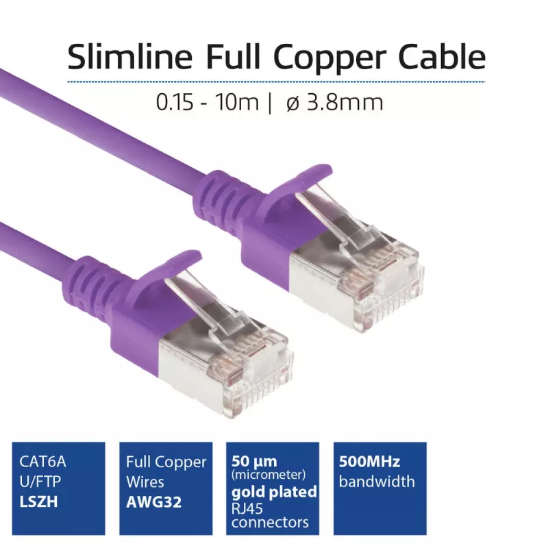 ACT violetti 3 m LSZH U/FTP CAT6A datacenter-slimline-patchkaapeli, snagless, RJ45-liittimillä