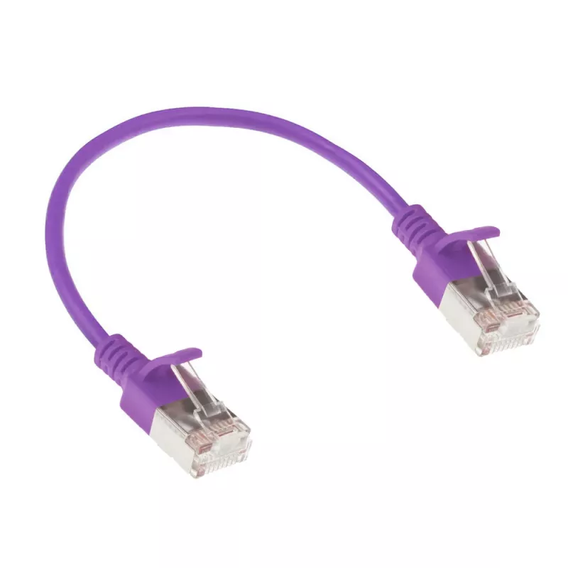 ACT violetti 0,15 m LSZH U/FTP CAT6A datacenter-slimline-patchkaapeli, RJ45-liittimillä ja taittumissuojalla