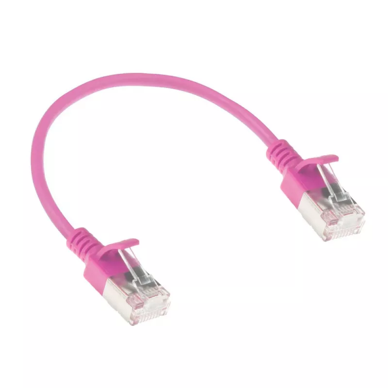ACT pinkki 0,25 m LSZH U/FTP CAT6A datacenter-slimline-patchkaapeli, RJ45-liittimillä, lukituskielekkeen suojaus