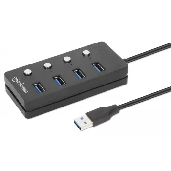 Manhattan USB-C-telakka/keskitin, portit (x4) virta-/katkaisukytkimellä jokaiselle portille: USB-A (x4), 5 Gbps (USB 3.2 Gen1 tunnetaan myös nimellä USB 3.0), yleispätevä kaikille laitteille, väylä- tai AC-virtalähde (valinnainen liitäntä, ei sisälly toimitukseen), kaapeli 1,5 m, SuperSpeed USB, musta, kolmen vuoden takuu
