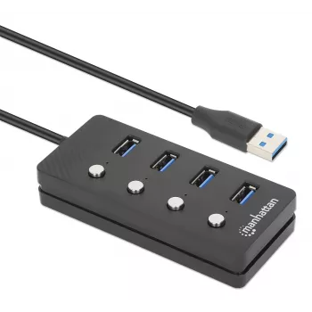 Manhattan USB-C-telakka/keskitin, portit (x4) virta-/katkaisukytkimellä jokaiselle portille: USB-A (x4), 5 Gbps (USB 3.2 Gen1 tunnetaan myös nimellä USB 3.0), yleispätevä kaikille laitteille, väylä- tai AC-virtalähde (valinnainen liitäntä, ei sisälly toimitukseen), kaapeli 1,5 m, SuperSpeed USB, musta, kolmen vuoden takuu