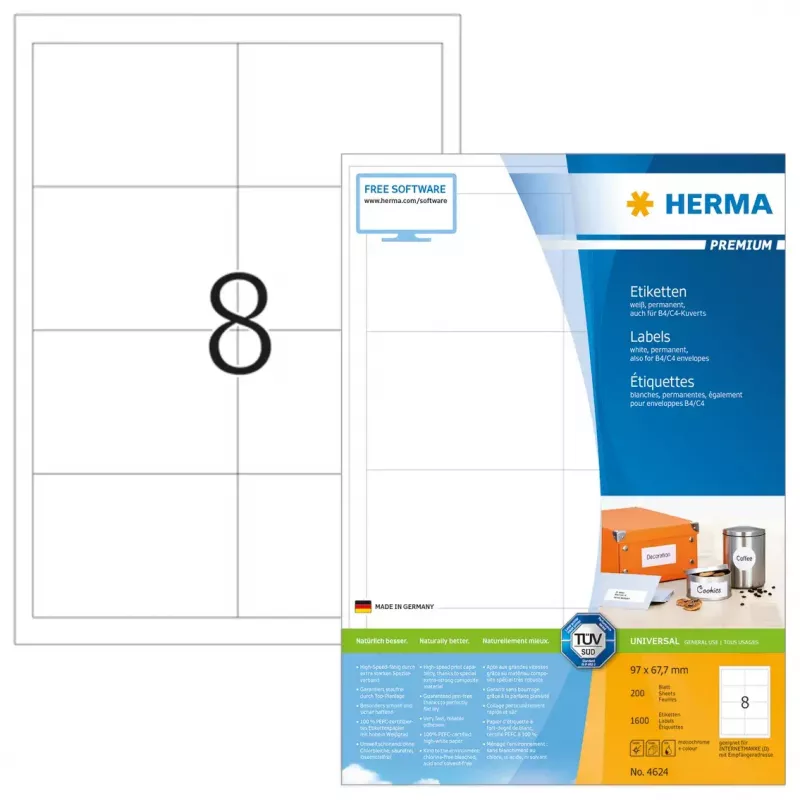 HERMA SuperPrint 4624 itseliimautuvat tarrat, 67,7 x 96,5 mm, 200 kpl, valkoiset