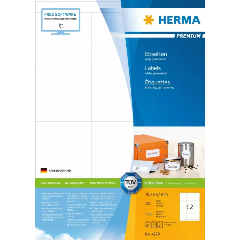 Itseliimautuva tulostintarra HERMA Labels Premium A4 70x67,7 mm