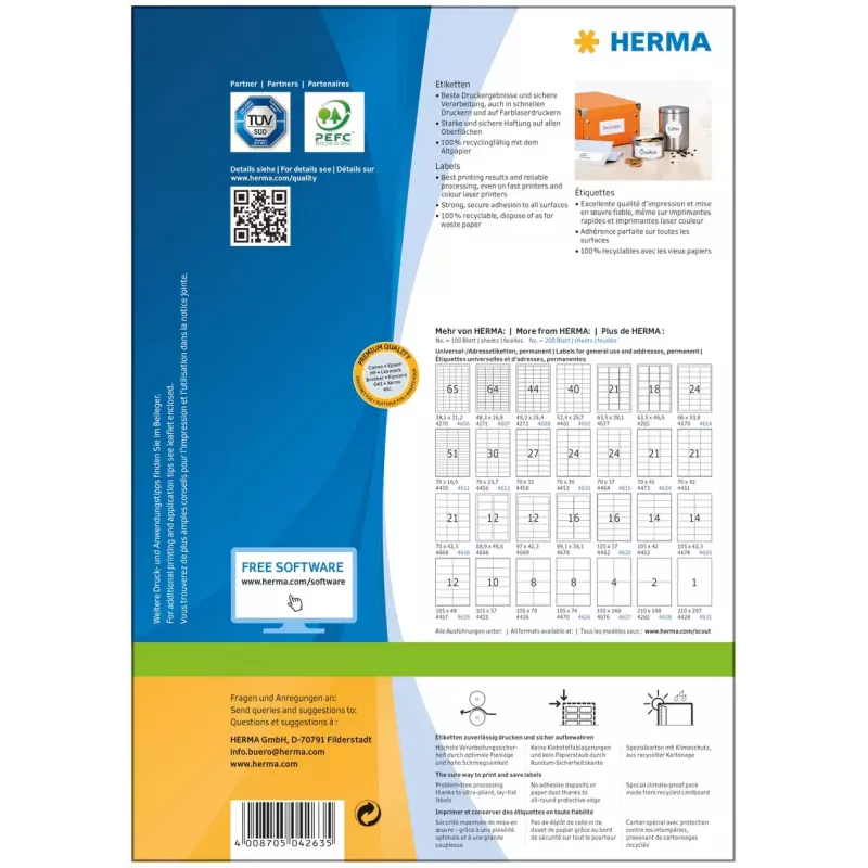 Itseliimautuvat tulostintarrat HERMA Premium A4 70x33,8 mm 2400 kpl