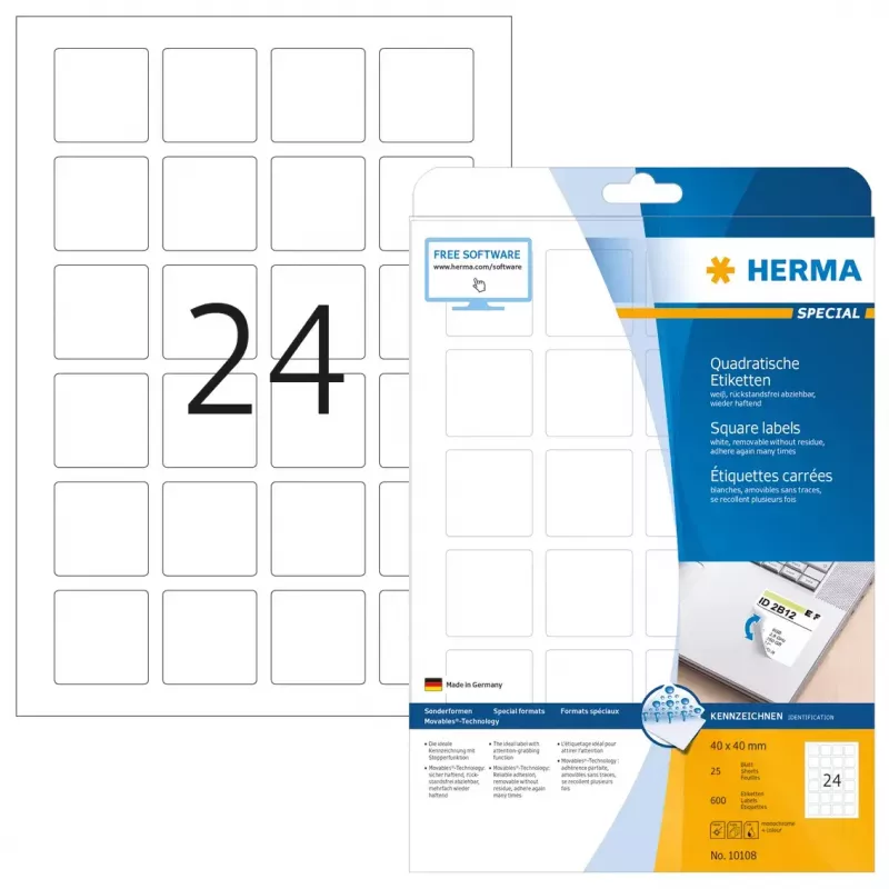 Uudelleen irrotettavat tarrat HERMA 10108 A4 40x40 mm neliö valkoinen