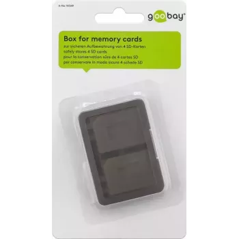 Muistikorttien säilytysrasia GOOBAY 95349 — mahtuu 4 korttia, yhteensopiva SD/MicroSD/MMC, harmaa-läpinäkyvä muovi