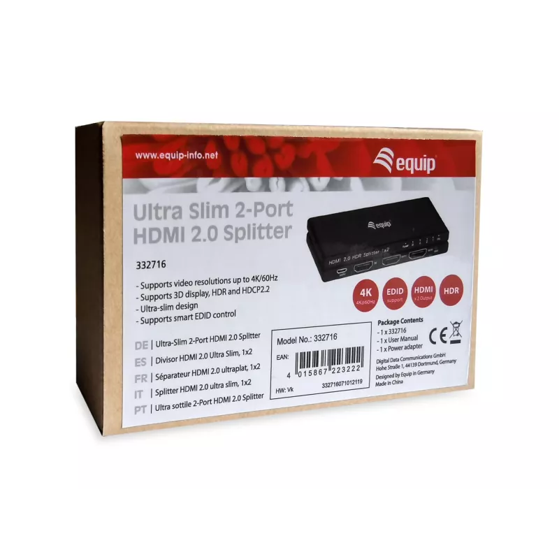 Equip erittäin ohut 2-porttinen HDMI 2.0 -jakaja