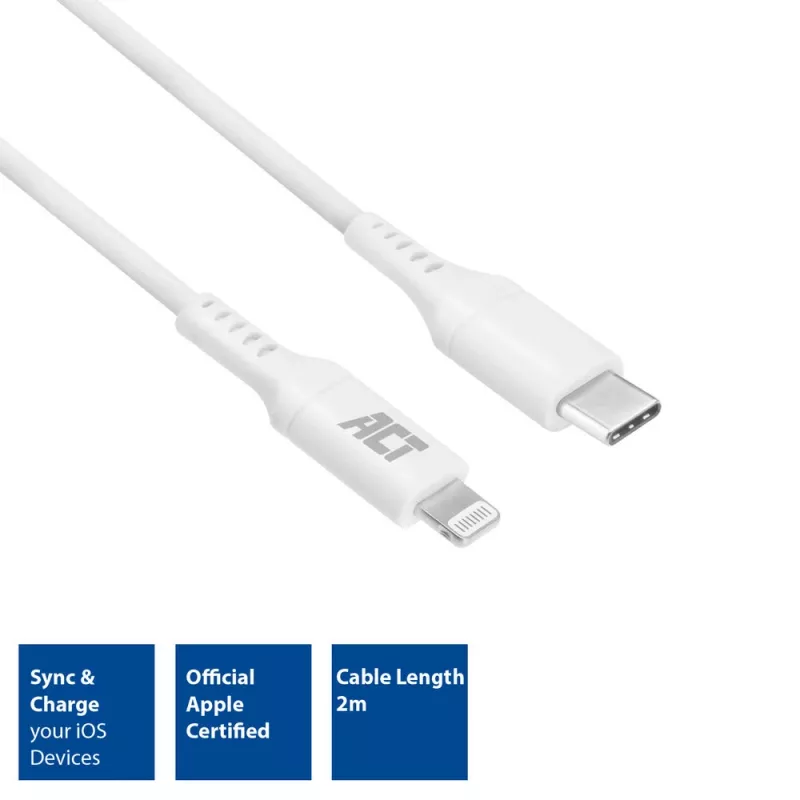ACT USB 2.0 lataus-/datakaapeli C-pistoke - Lightning-pistoke 2 metriä, MFI-sertifioitu
