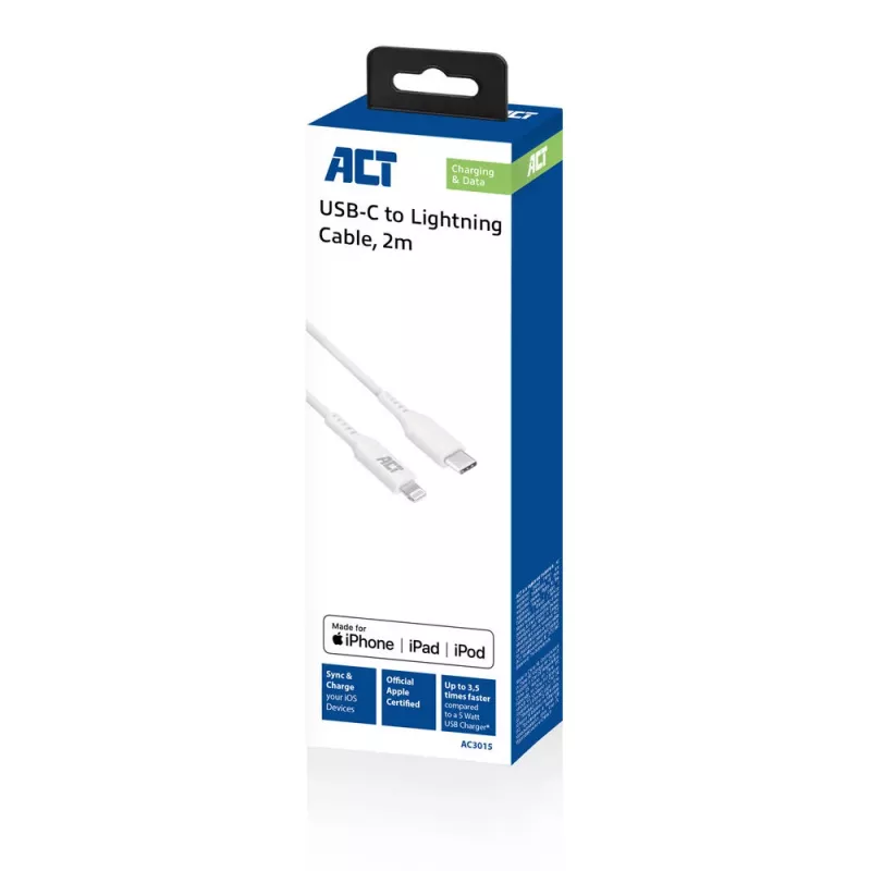 ACT USB 2.0 lataus-/datakaapeli C-pistoke - Lightning-pistoke 2 metriä, MFI-sertifioitu