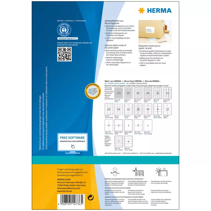 Itseliimautuvat tulostintarrat HERMA 10736 valkoinen 20x28,9 cm 80 tarraa