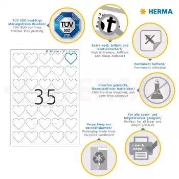 HERMA 10790 itseliimautuva tarra sydän pysyvä valkoinen 350 kpl