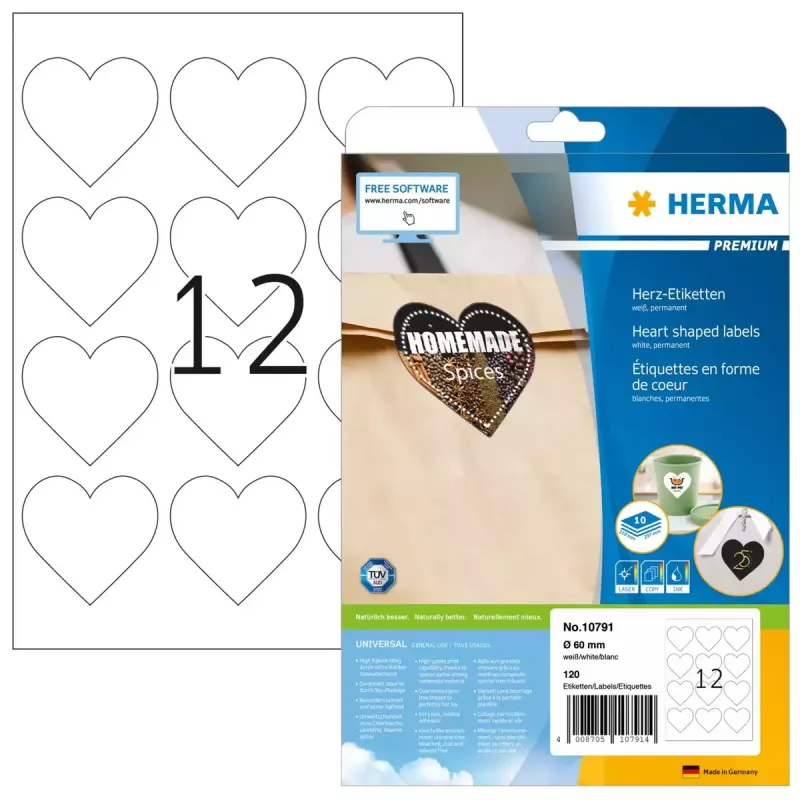 HERMA 10791 itseliimautuvat tarrat sydän pysyvä valkoinen 120 kpl