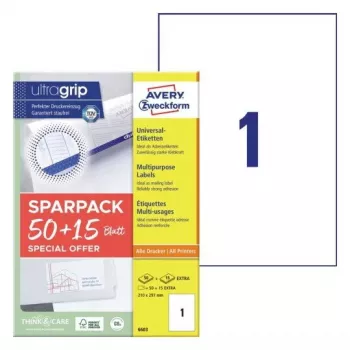 Itseliimautuva tulostintarra AVERY 6603 valkoinen A4 21x29,7 cm 65 tarraa