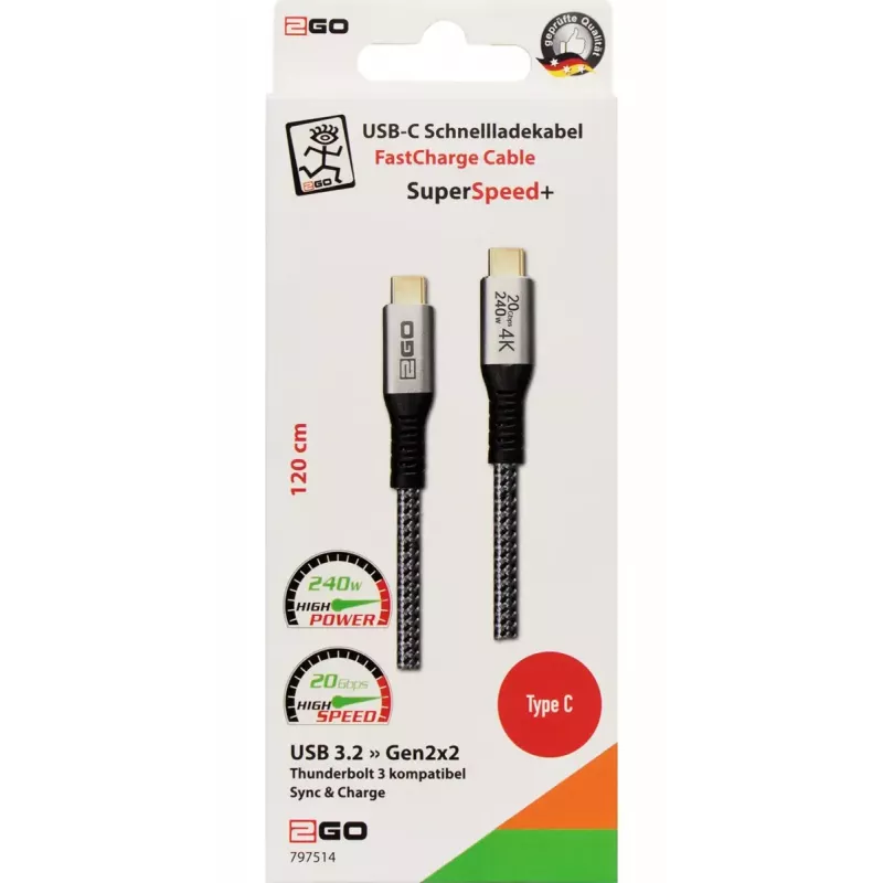 USB-kaapeli 2GO 797514 USB 3.2 Gen 2x2 1,2 m USB-C musta hopea