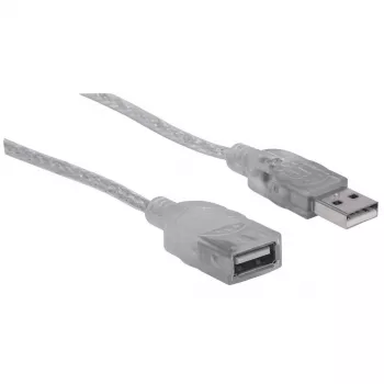 Manhattan USB-A - USB-A jatkokaapeli, 1,8 m, uros-naaras, 480 Mbit/s (USB 2.0), Hi-Speed USB, läpinäkyvä hopea, elinikäinen takuu