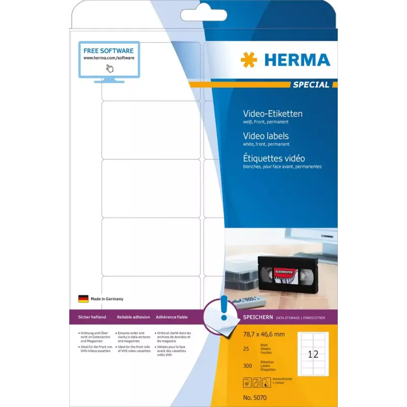 Itseliimautuva tulostintarra HERMA Videoetiketten A4 78,7x46,6 mm