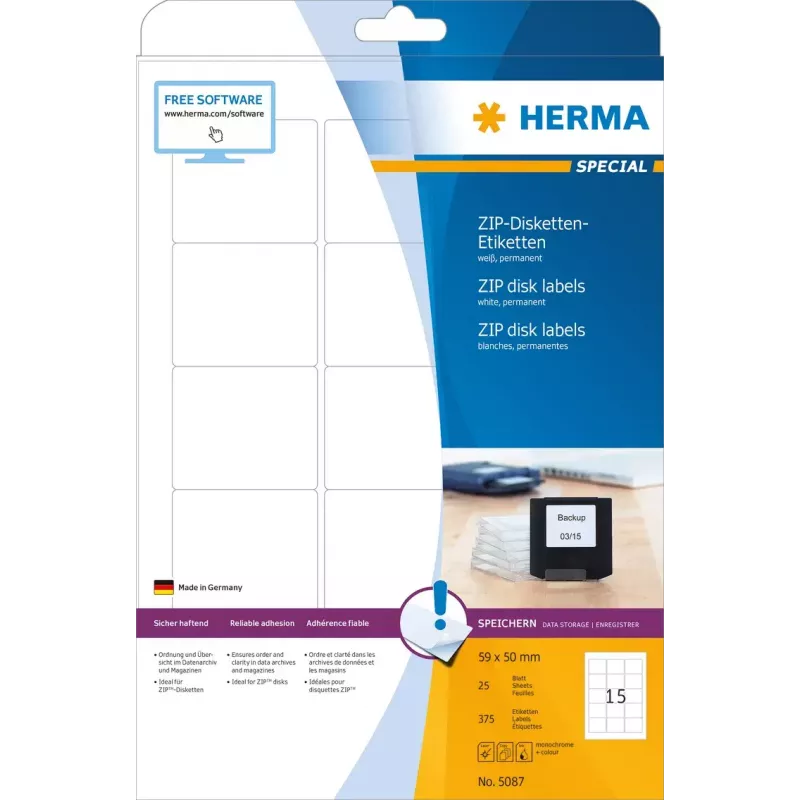Tarrat HERMA ZIP-levykkeet A4 59x50 mm valkoinen paperi matta 375 kpl