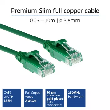 ACT vihreä 1 m LSZH U/UTP CAT6 Datacenter Slimline -verkkokaapeli ilman lukituskielekettä RJ45-liittimillä