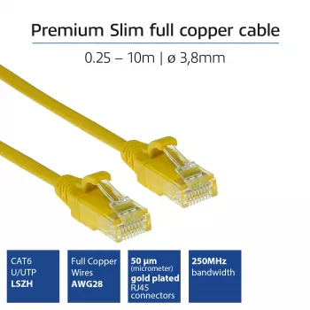 ACT keltainen 1.5 metriä LSZH U/UTP CAT6 DataCenter Slimline -verkkokaapeli, ilman lukituskielekettä RJ45-liittimillä