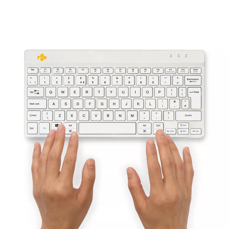 R-Go Tools ergonominen näppäimistö R-Go Compact Break, kompakti näppäimistö tauko-ohjelmistolla, QWERTY (UK), Bluetooth, valkoinen