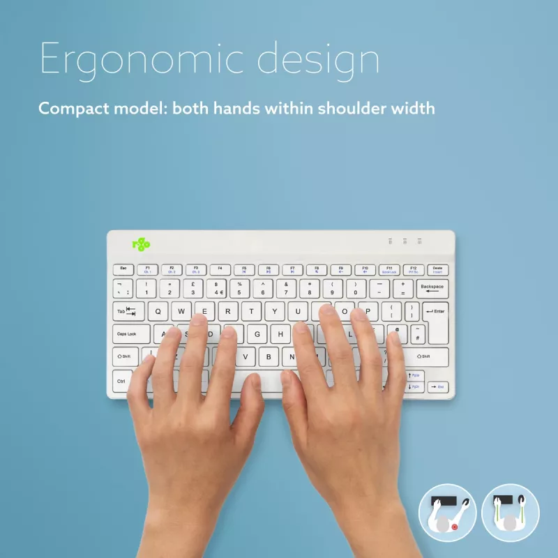 R-Go Tools ergonominen näppäimistö R-Go Compact Break, kompakti näppäimistö tauko-ohjelmistolla, QWERTY (UK), Bluetooth, valkoinen