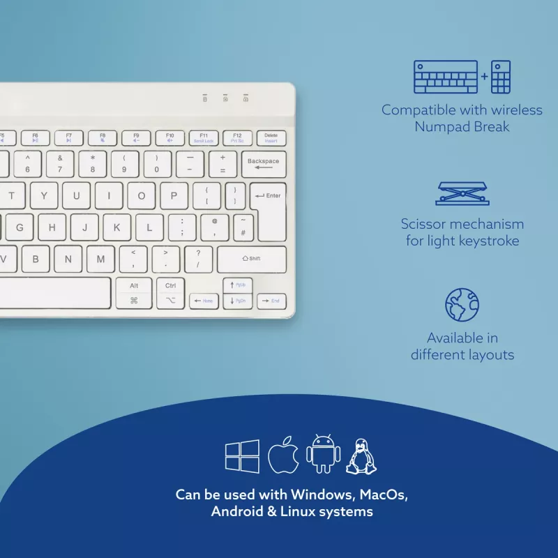 R-Go Tools ergonominen näppäimistö R-Go Compact Break, kompakti näppäimistö tauko-ohjelmistolla, QWERTY (UK), Bluetooth, valkoinen