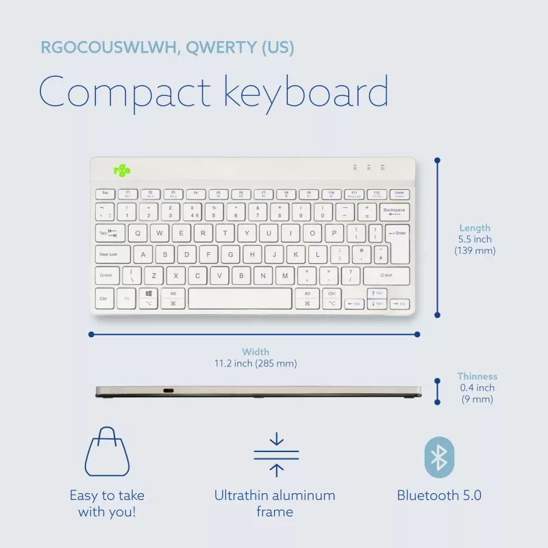 R-Go Tools ergonominen näppäimistö R-Go Compact Break, kompakti näppäimistö tauko-ohjelmistolla, QWERTY (UK), Bluetooth, valkoinen