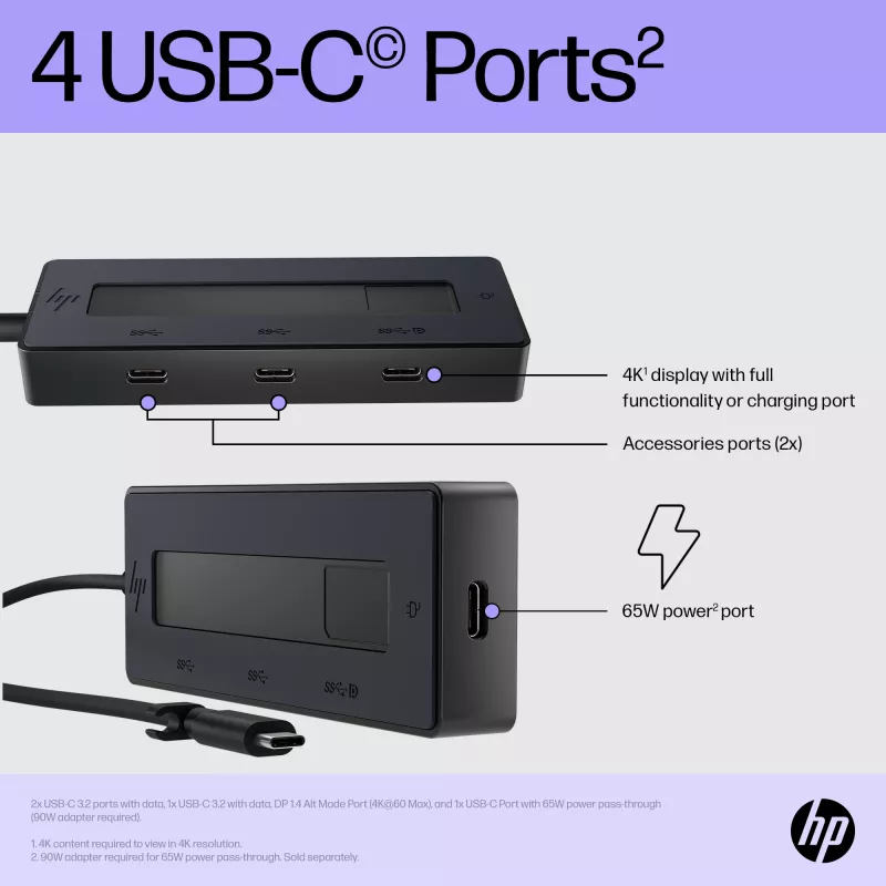 HP 4K USB-C-moniporttikeskitin, USB Type-C, USB Type-C, 10000 Mbit/s, 3840 x 2160, musta, 65 W