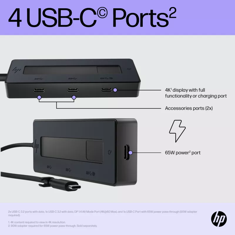 HP 4K USB-C-moniporttikeskitin, USB Type-C, USB Type-C, 10000 Mbit/s, 3840 x 2160, musta, 65 W