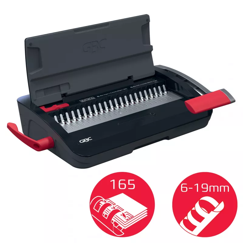 GBC CombBind® CB12 manuaalinen sidontakone, kampasidontalaite, manuaalinen, 165 arkkia, musta, punainen