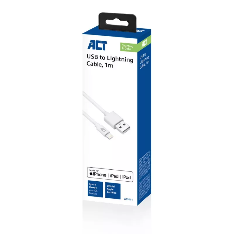 ACT USB 2.0 lataus-/datakaapeli A-pistoke - Lightning-pistoke 1 metri, MFI-sertifioitu