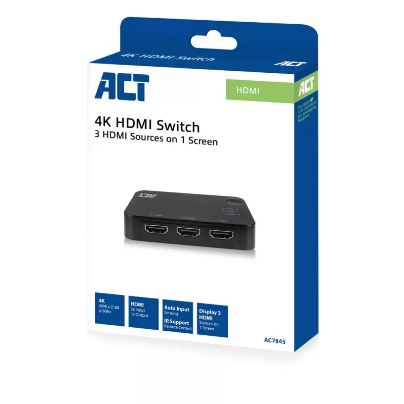 ACT 4K HDMI-kytkin 3x1 musta 60Hz 1920x1080 3840x2160