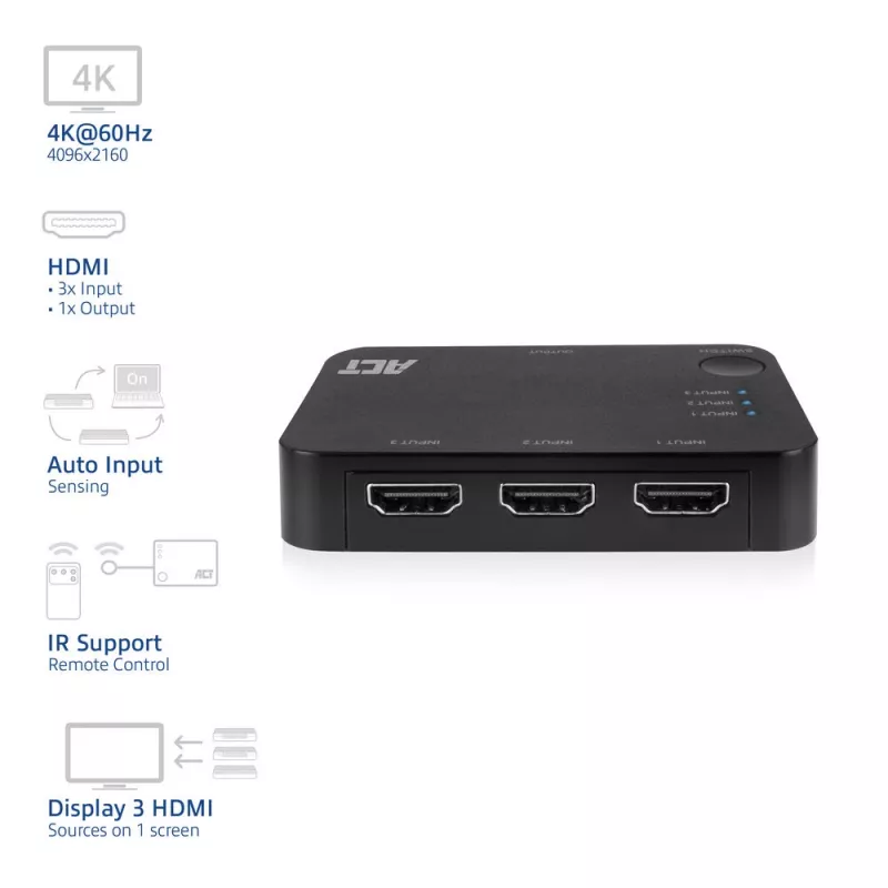 ACT 4K HDMI-kytkin 3x1 musta 60Hz 1920x1080 3840x2160