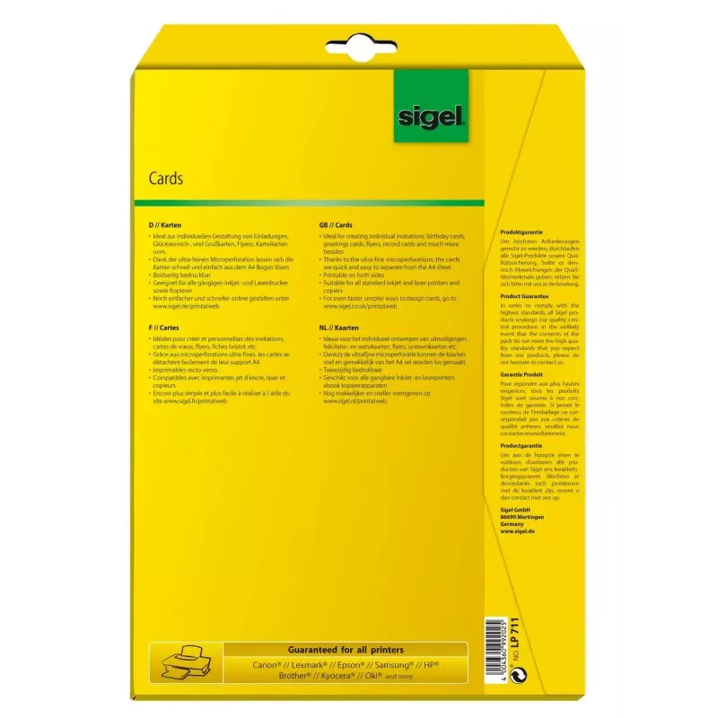 Sigel LP711 postikorttipaperi A6 (105 x 148 mm), 185 g/m2, 80 korttia, valkoinen
