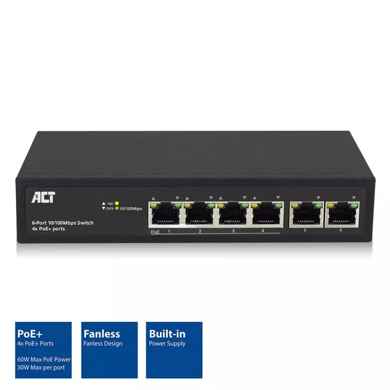 ACT 6-porttinen verkkokytkin, 10/100 Mbit/s, 4x PoE+ (30 W) -portti