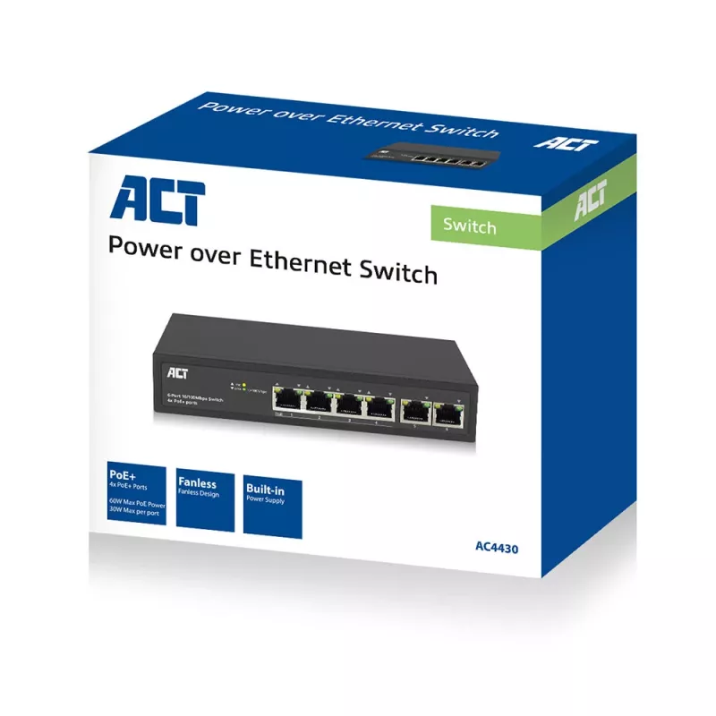 ACT 6-porttinen verkkokytkin, 10/100 Mbit/s, 4x PoE+ (30 W) -portti
