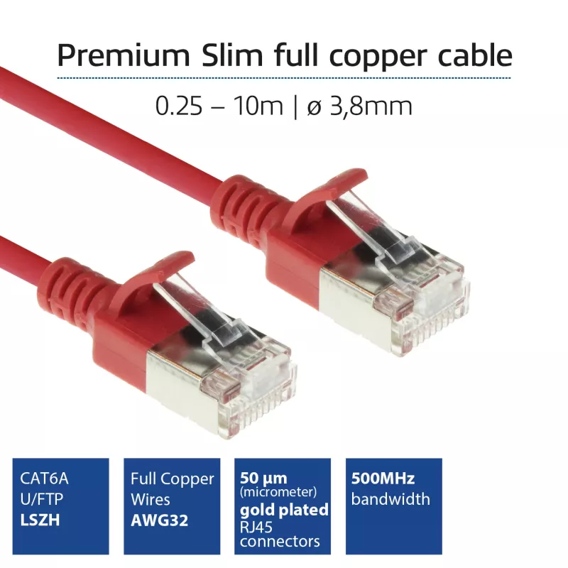 ACT punainen 2 m LSZH U/FTP CAT6A datakeskus Slimline -verkkokaapeli RJ45-liittimillä