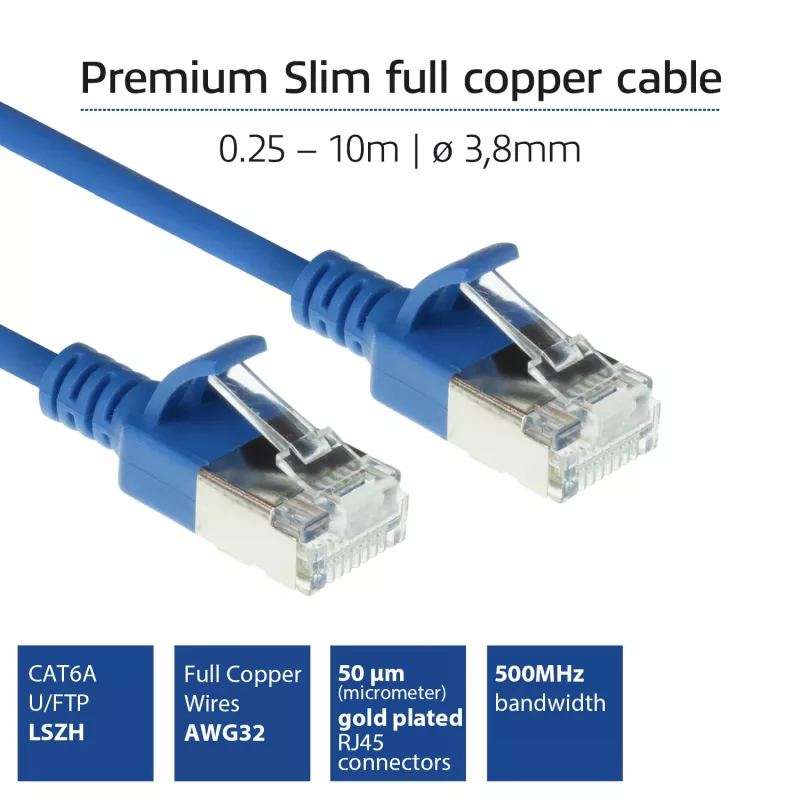 ACT sininen 0,25 m LSZH U/FTP CAT6A datakeskus Slimline -verkkokaapeli RJ45-liittimillä
