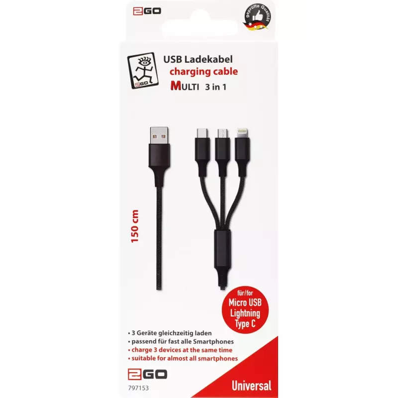 USB-kaapeli 2GO 797153 1,5 m USB-B - USB-C/Micro-USB-B/Lightning musta